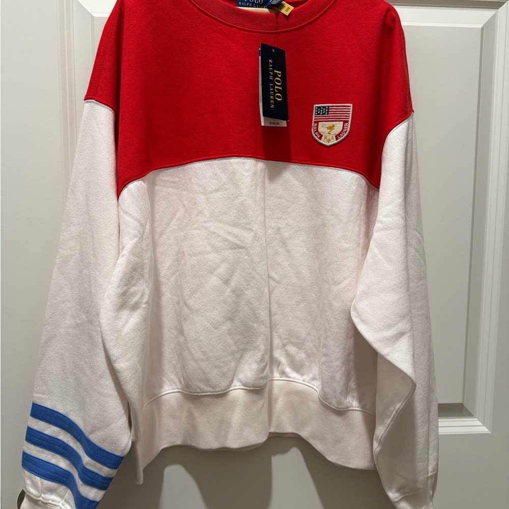 Ralph Lauren Red and White Logo Patch Crewneck Sweatshirt